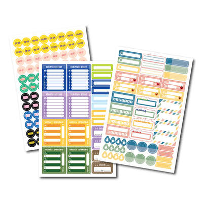 Colorful planner sticker sheet with labels for Scripture Study, Weekly Spending, and Work, featuring various shapes. - Image 15