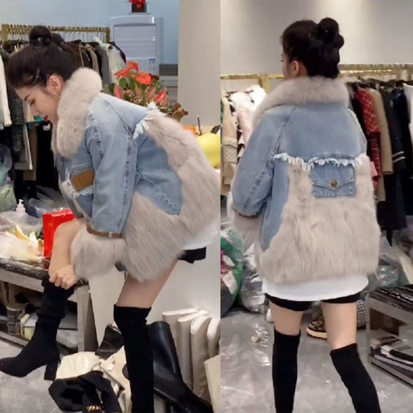 Parka Denim con Borde de Pelaje Sintético de Zorro