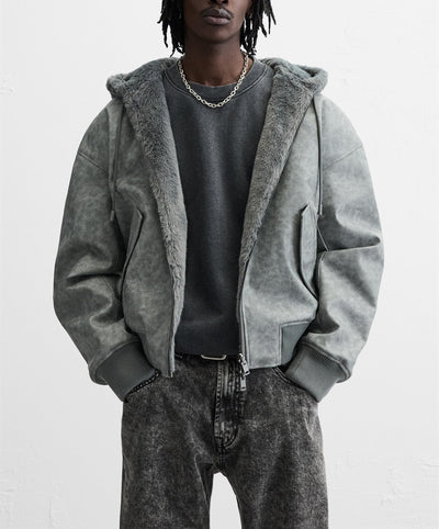 Chaqueta Bomber Reversible con Capucha de Cuero Sintético para Hombre - Image 14