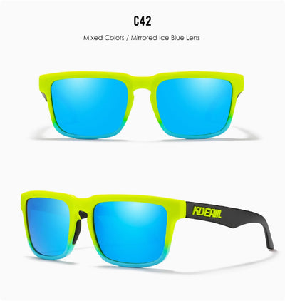 Men's and women's dazzling blue and black striped polarized sunglasses with gray lenses and a black case. - Image 39