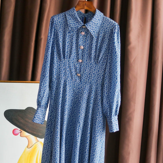 Vestido de Seda Azul con Botones de Cristal y Flores - Talla Pequeña - Image 3