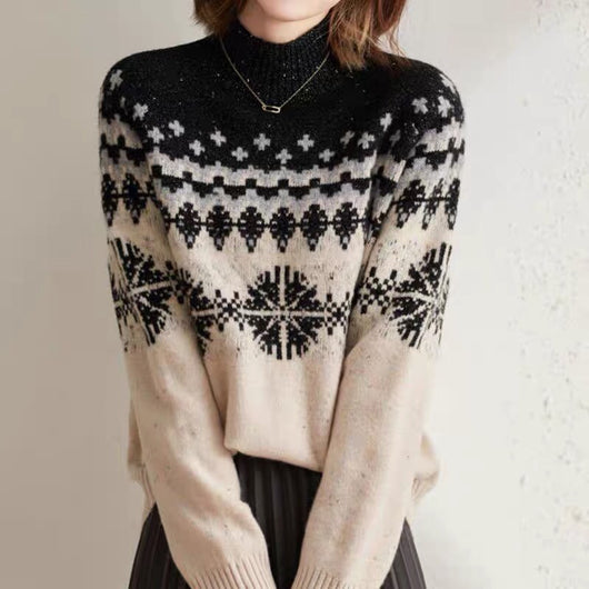 Suéter Retro de Cuello Alto con Copo de Nieve - Tejido Suelto para Otoño e Invierno - Image 6