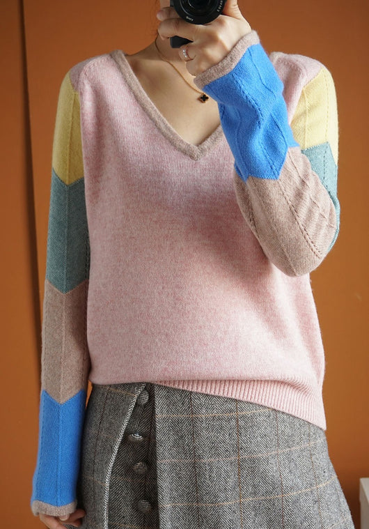 Suéter de Lana con Contraste de Colores para Mujer - Cuello V Térmico - Image 20