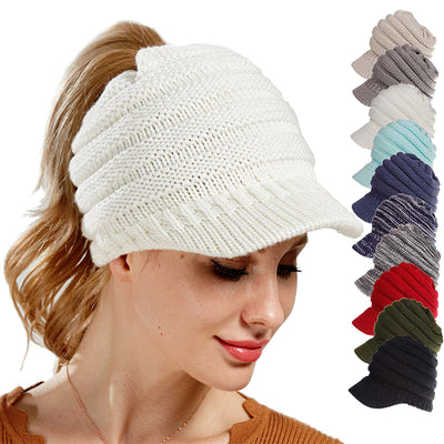 Gorro Tejido con Agujero para Coleta - Beanie Cálido para Mujer Otoño Invierno