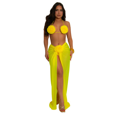 Blue three-piece bikini set with floral appliques on the triangle top, thong bottom, and matching ruched maxi skirt. - Image 33