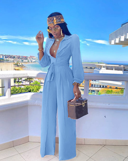 Jumpsuit Casual de Color Liso con Cuello Camisero y Cinturón - Image 13