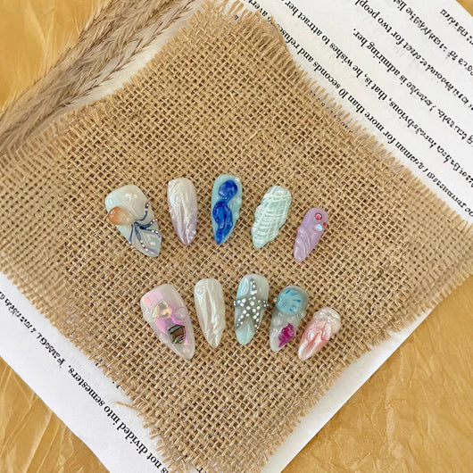 Uñas Postizas Artesanales Mundo Submarino Feliz Blanco - Manicura Larga Avanzada - Image 4
