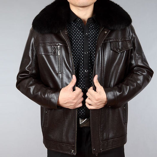 Chaqueta de Cuero para Hombre con Cuello de Piel y Solapa Clásica - Image 3