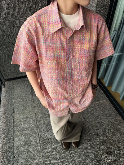 Camisa Cuadriculada Seersucker Suelta para Hombre - Manga Corta Verano - Image 27