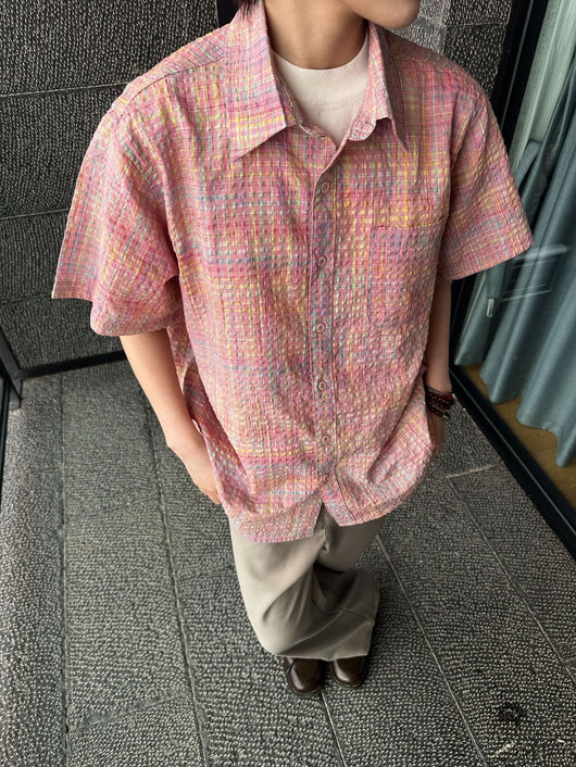 Camisa Cuadriculada Seersucker Suelta para Hombre - Manga Corta Verano - Image 27