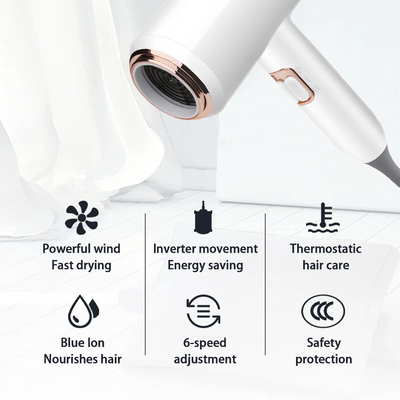 White hair dryer with rose gold accents, U.S. plug, and a concentrator nozzle for household use. - Image 17