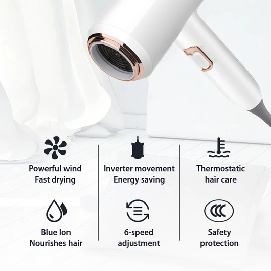 White hair dryer with rose gold accents, U.S. plug, and a concentrator nozzle for household use. - Image 17