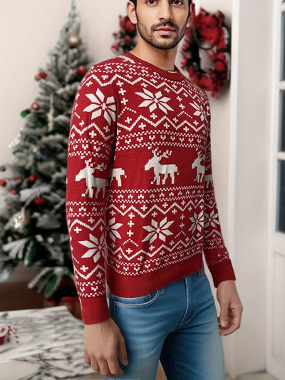 Women's black, red, and white Christmas sweater with reindeer and snowflake fair isle patterns, round neck, long sleeves. - Image 13