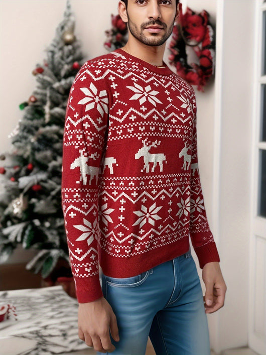 Women's black, red, and white Christmas sweater with reindeer and snowflake fair isle patterns, round neck, long sleeves. - Image 13