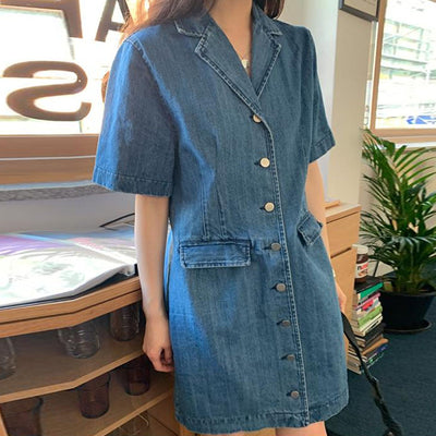 Vestido Denim Holgado con Bolsillos Dobles - Manga Corta - Image 2