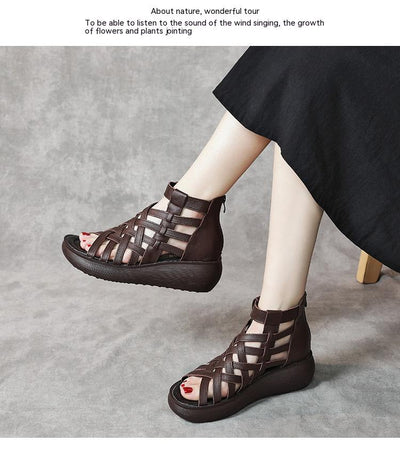 Sandalias Étnicas Retro con Cuña - Botas Tipo Sandalia de Cuero Genuino para Mujer - Image 27