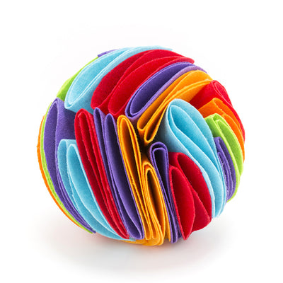 Colorful felt cloth snuffle ball for pets, featuring folded fabric strips in red, orange, yellow, green, blue, and purple. - Image 7
