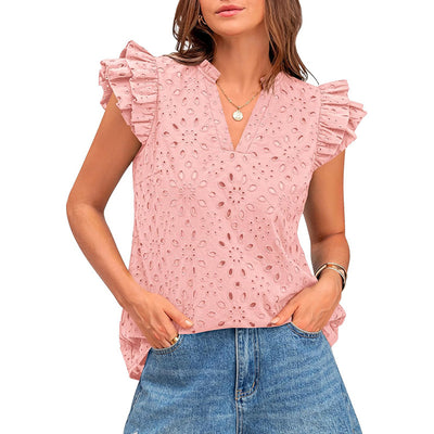 Blusa Casual de Verano con Mangas Voladoras y Bordado Calado para Mujer - Image 6
