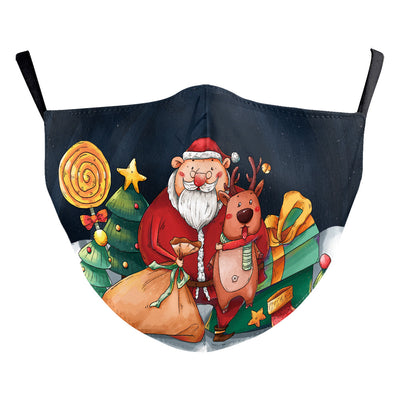 Red dust mask with a cartoon reindeer peeking out, surrounded by white snowflakes and sparkling stars. - Image 26