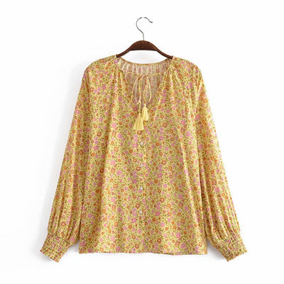 Camisa Suelta de Manga Larga con Estampado Acuarela y Flecos - Image 10
