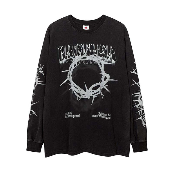 Playera Manga Larga Retro con Estampado de Letras Espinas para Hombre