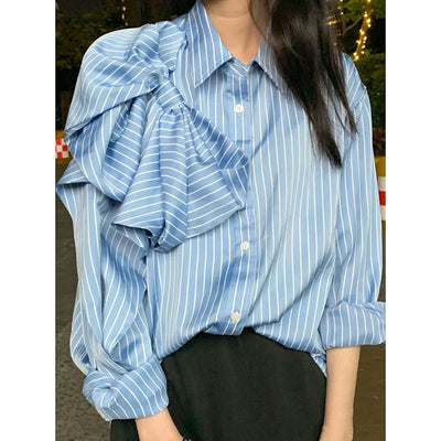 Blusa Casual Azul a Rayas con Lazo Coreano y Manga Larga para Mujer - Image 4