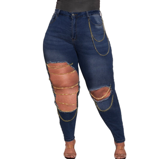 Jeans Oversized Ajustados con Rotos y Cadena Lavado Vintage Alta Elasticidad - Image 6