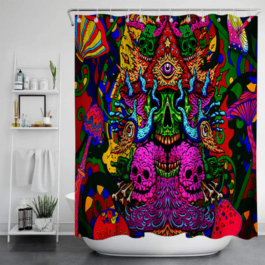 Vibrant psychedelic shower curtain with an abstract digital print featuring an elephant head and cannabis leaves in bright colors. - Image 21