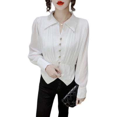 Blusa Casual de Gasa Manga Larga con Solapa Plisada para Mujer - Image 10