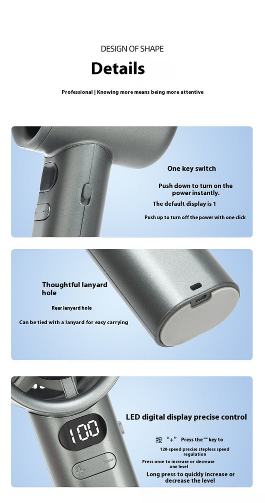 Starry Gray handheld fan with a digital display showing '100' and control buttons, featuring a sleek, modern design. - Image 23