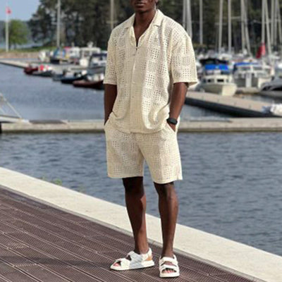 Conjunto de Camisa Hueca con Solapa y Shorts Sueltos para Hombre - Image 4