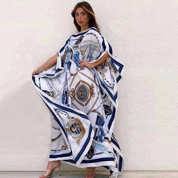 Vestido de Seda Tejida Estampado con Mangas Amplias y Corte Holgado