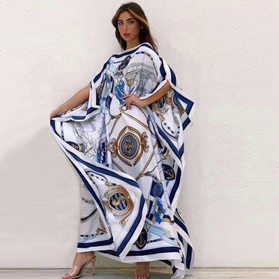 Vestido de Seda Tejida Estampado con Mangas Amplias y Corte Holgado