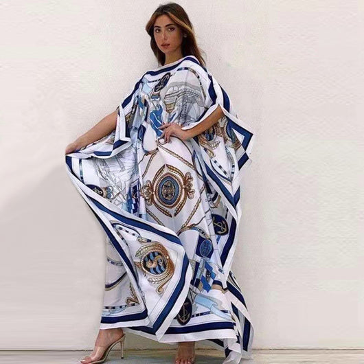 Vestido de Seda Tejida Estampado con Mangas Amplias y Corte Holgado
