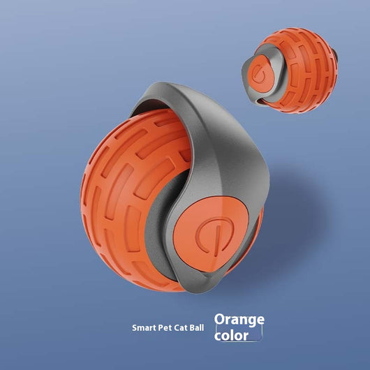 Orange and grey smart pet cat ball, an automatic electric rolling toy with a textured surface and power button. - Image 9