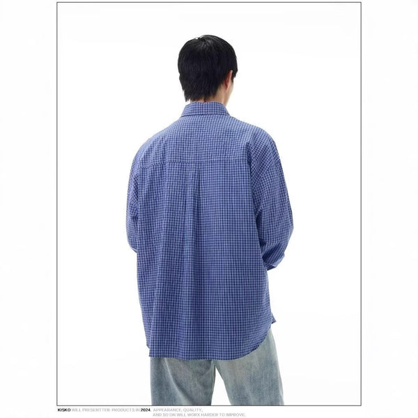 Camisa Clásica de Cuadros Azul Retro para Hombre