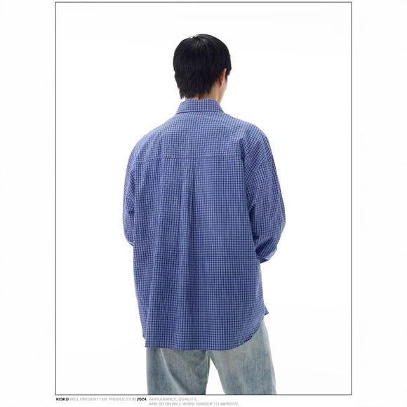 Camisa Clásica de Cuadros Azul Retro para Hombre