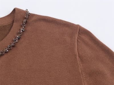 Cardigan Elegante de Cuello Redondo y Manga Larga con Detalles de Joyería - Image 9
