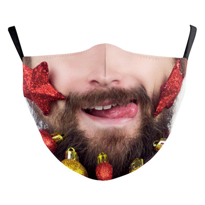 Christmas dust mask with a digital print of red, purple, and gold bokeh lights and white snowflakes, featuring ear hooks. - Image 3