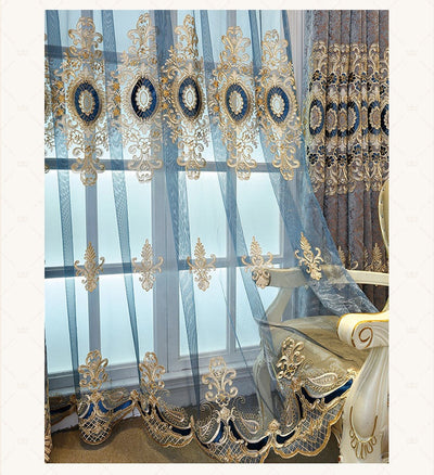 Blue sheer curtain with intricate gold and dark blue embroidery in a European classical style, draped over a window. - Image 24