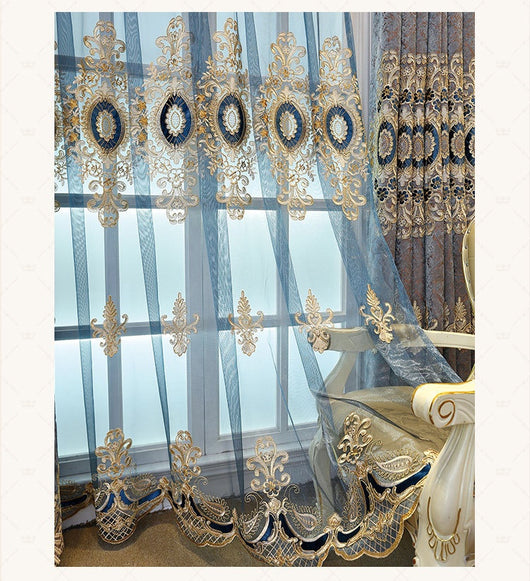 Blue sheer curtain with intricate gold and dark blue embroidery in a European classical style, draped over a window. - Image 24