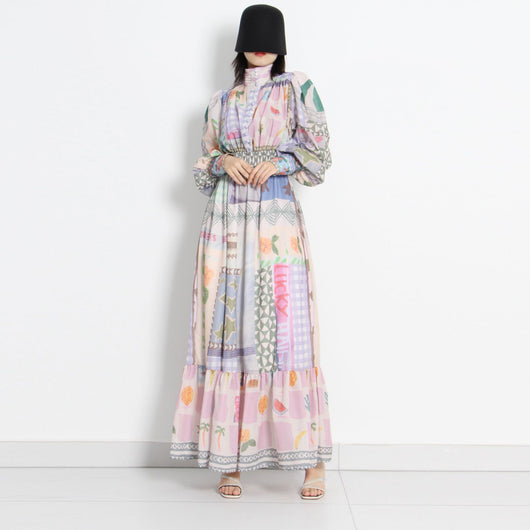 Vestido Largo Estilo Resort con Cuello de Pie y Mangas Largas Estampado para Mujer - Image 8