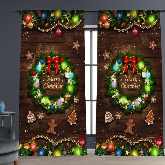 Christmas curtain with a snowy village scene, Santa Claus, flying reindeer, and piles of wrapped gifts. - Image 3