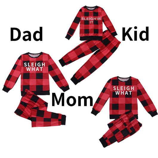 Matching family red and black buffalo plaid pajamas with "Sleigh What" and "Sleigh'in It" text. - Image 7
