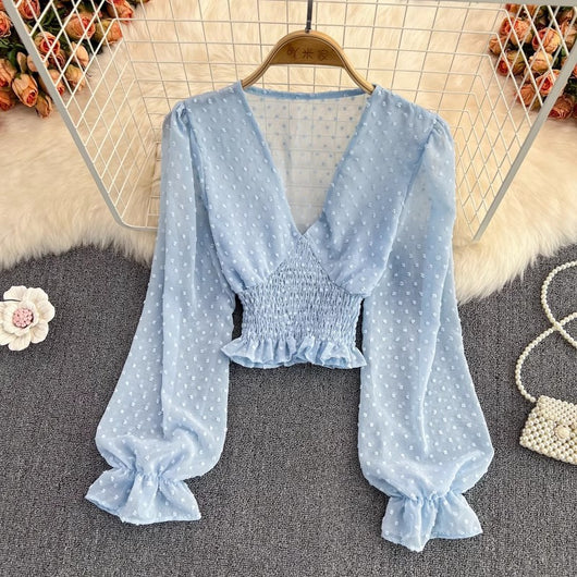 Blusa Estilo Occidental con Escote V, Lunares y Cintura Ajustada - Image 4