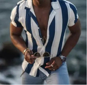 Camisa Manga Corta Algodón Mercerizado a Rayas para Hombre