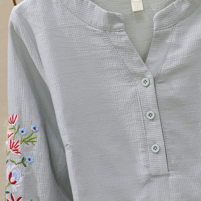 Blusa de Algodón con Escote V y Bordado Plisado Manga Larga - Image 19