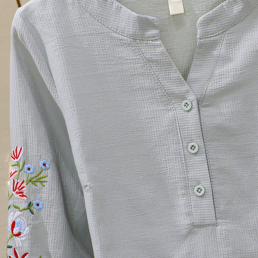 Blusa de Algodón con Escote V y Bordado Plisado Manga Larga - Image 19