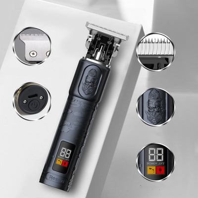 Gold electric hair clippers with an LCD display and engraved design, shown with 1mm, 2mm, 3mm guide combs, USB cable, and cleaning brush. - Image 8
