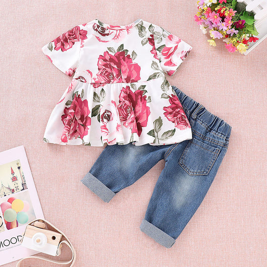 Conjunto de Dos Piezas: Top Floral y Pantalón Denim Rotos - Image 24